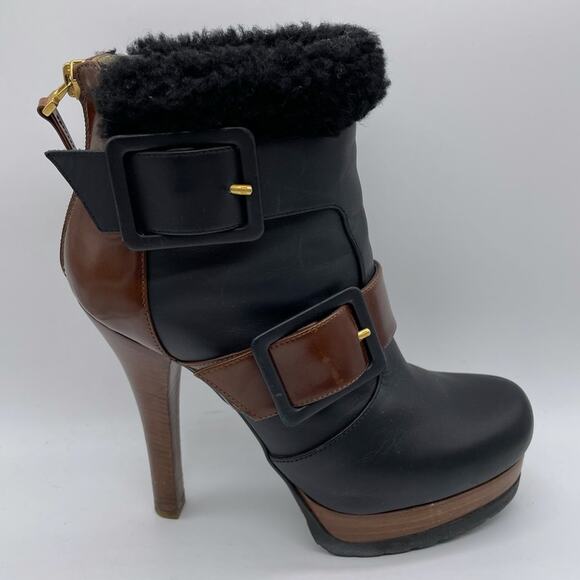 Fendi Moorland Two Tone Black Brown Leather Shearling Ankle Bootie Size 36.5 6.5 - Picture 8 of 15